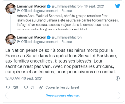 Le chef du groupe jihadiste État islamique au Grand Sahara neutralisé par les forces françaises (Emmanuel Macron)