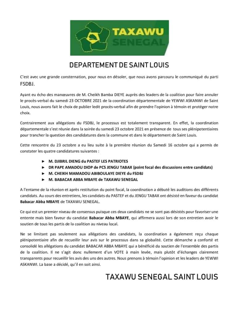 Investitures à Saint-Louis : Cheikh Bamba Dièye conteste, Taxawu Senegal donne des gages de transparence