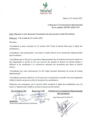 Annulation du PV d'investiture : Yewwi Askan Wi dit niet à Soham Wardini