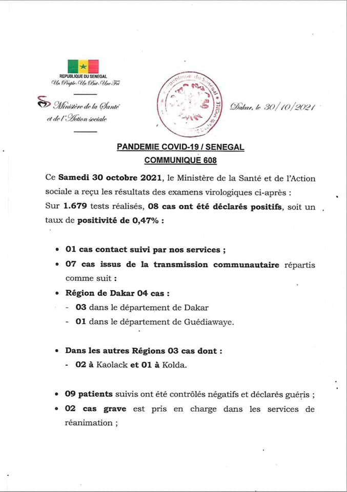 Covid-19 : Le Sénégal enregistre zéro décès et 8 nouveaux cas