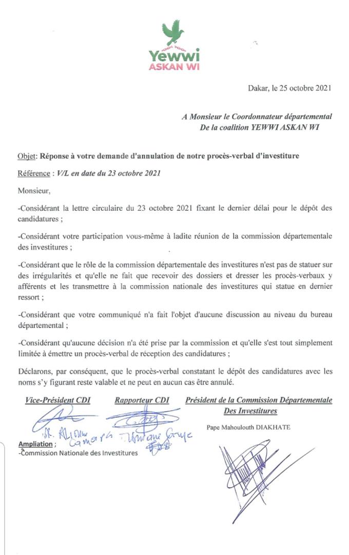 Annulation du Procès-verbal : La CDI de Yewwi Askan Wi s'oppose à la demande de Soham Wardini