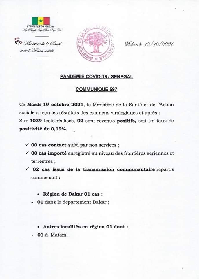 Covid-19 : Le Sénégal enregistre 1 décès et 2 nouveaux cas