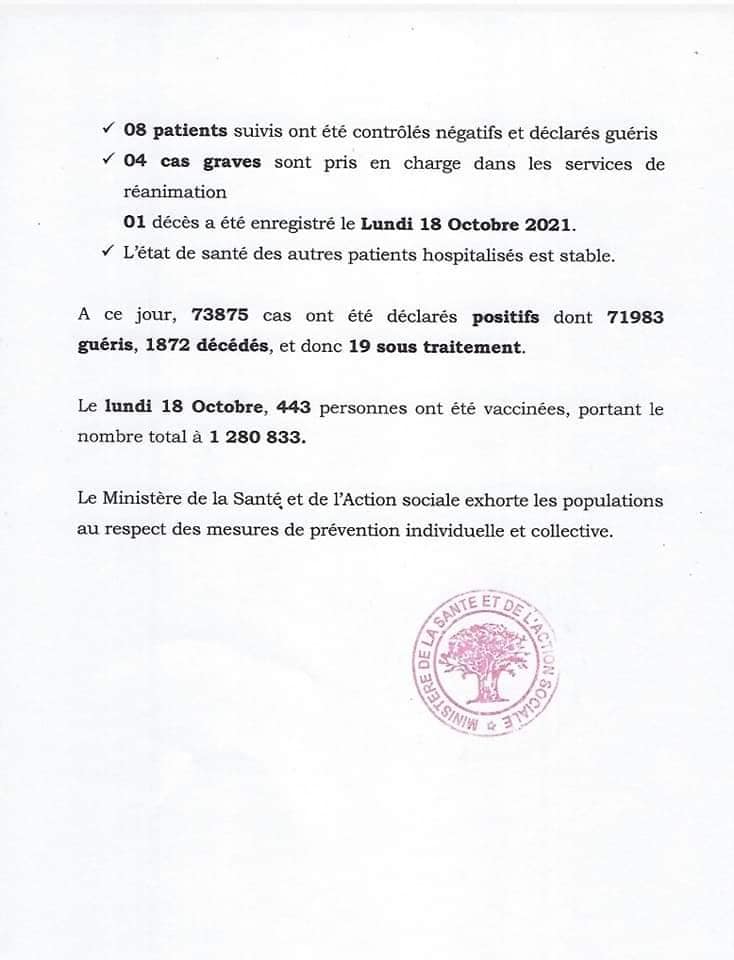 Covid-19 : Le Sénégal enregistre 1 décès et 2 nouveaux cas