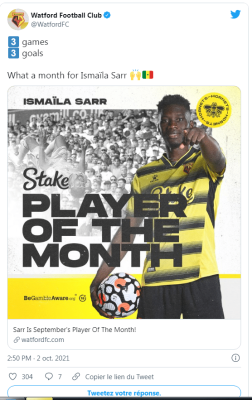 Premier League : Watford: Ismaila Sarr élu joueur du mois de Septembre