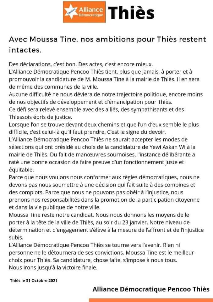 Mairie de Thiès : L’Alliance Pencoo porte la candidature de Moussa Tine