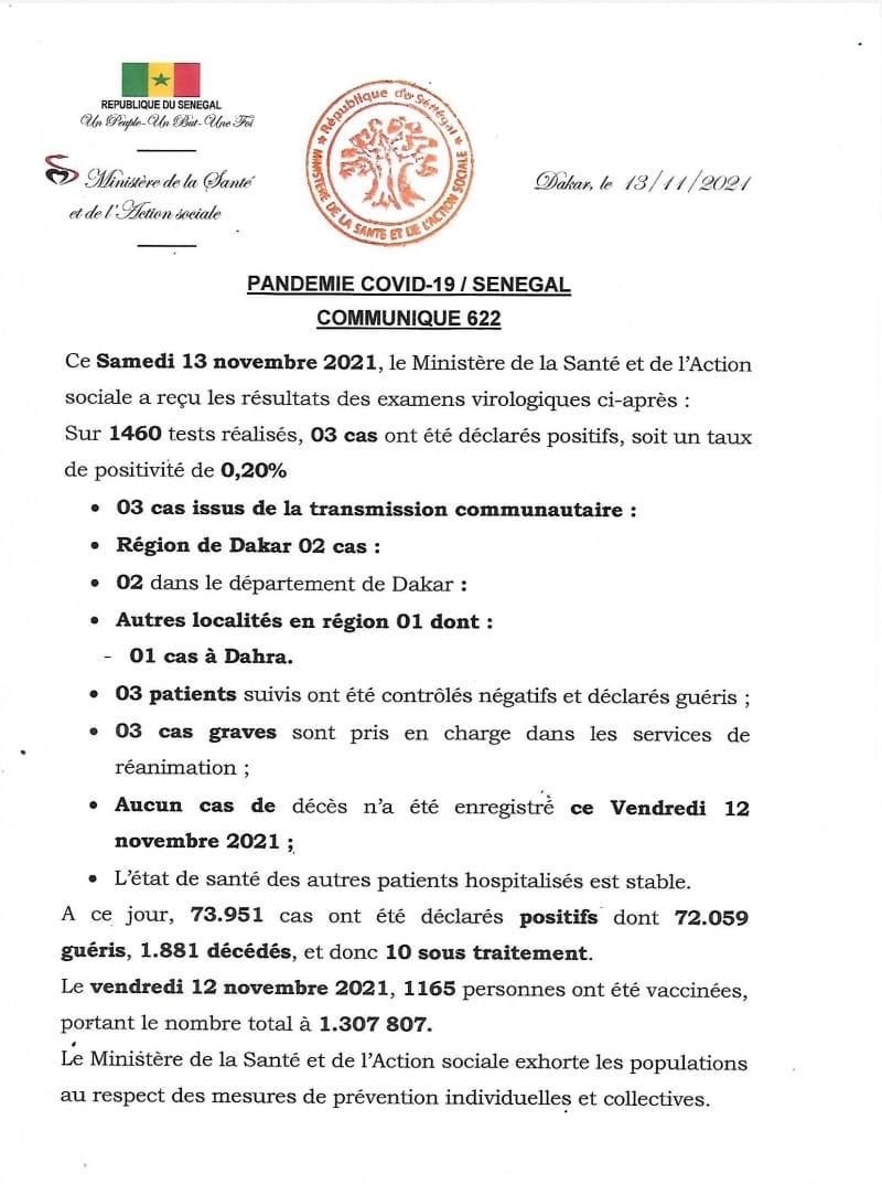 Covid-19 : 3 cas positifs, aucun décès, ce samedi