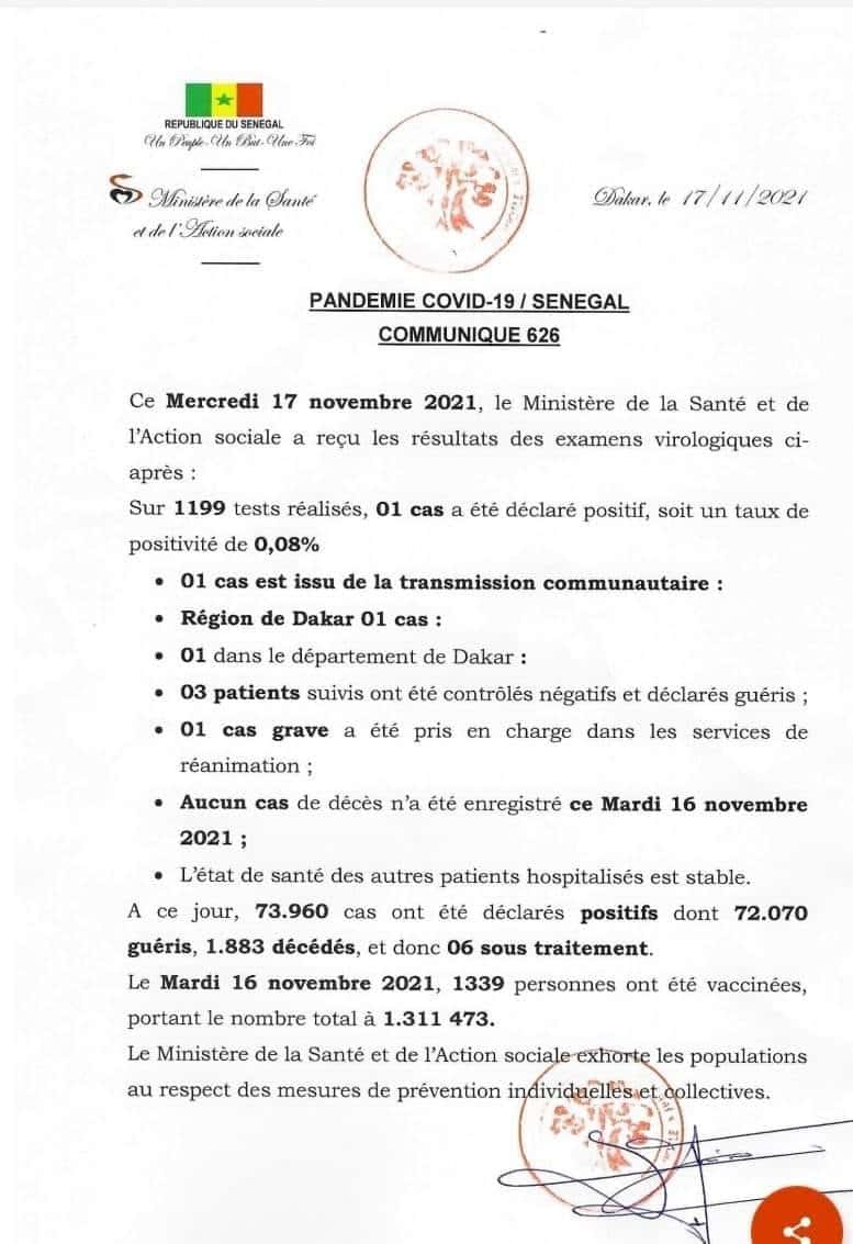 Covid-19 : 1 cas, aucun décès, ce mercredi