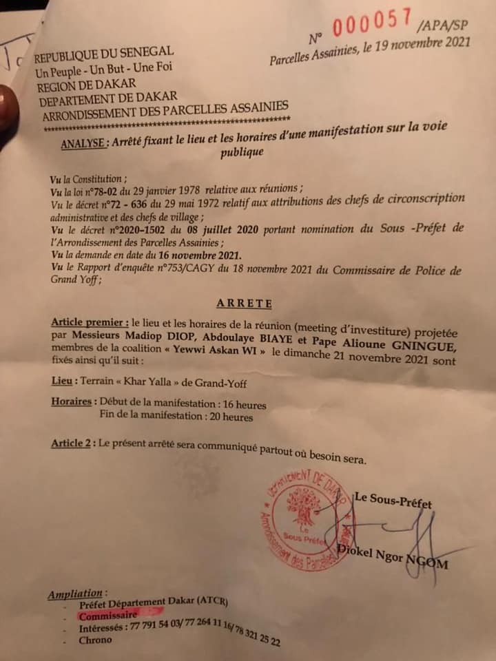 Parcelles Assainies : Le sous-préfet autorise le meeting d'investiture de Yewwi Askan Wi