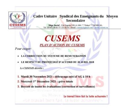 Éducation : Le Cusems annonce un débrayage suivi d’une grève générale