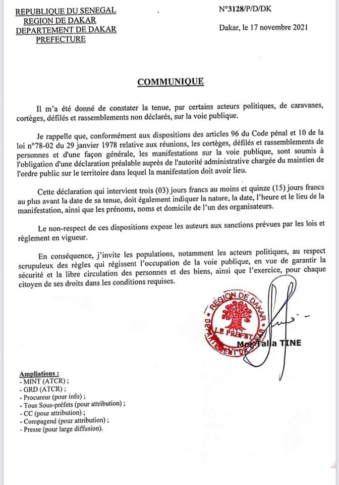 Affaire Barth : Le Préfet de Dakar apporte des précisons sur les dispositions de la loi relative au cortège, rassemblements et défilés