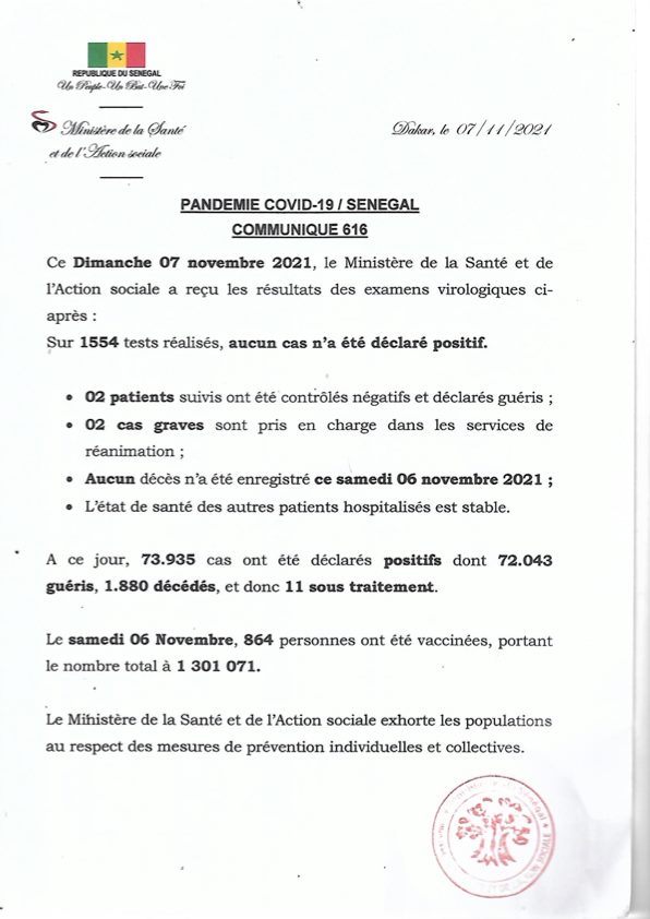 Covid-19 : 00 nouveau cas positifs, 00 décès et 13 sous traitement