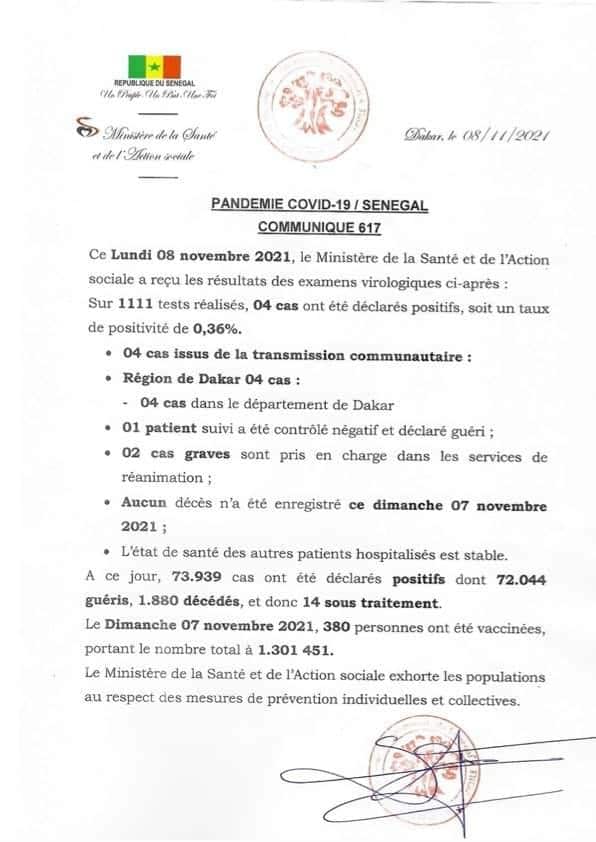 Covid-19 : Aucun décès, 04 cas positifs et 14 sous traitement, ce lundi 8 novembre