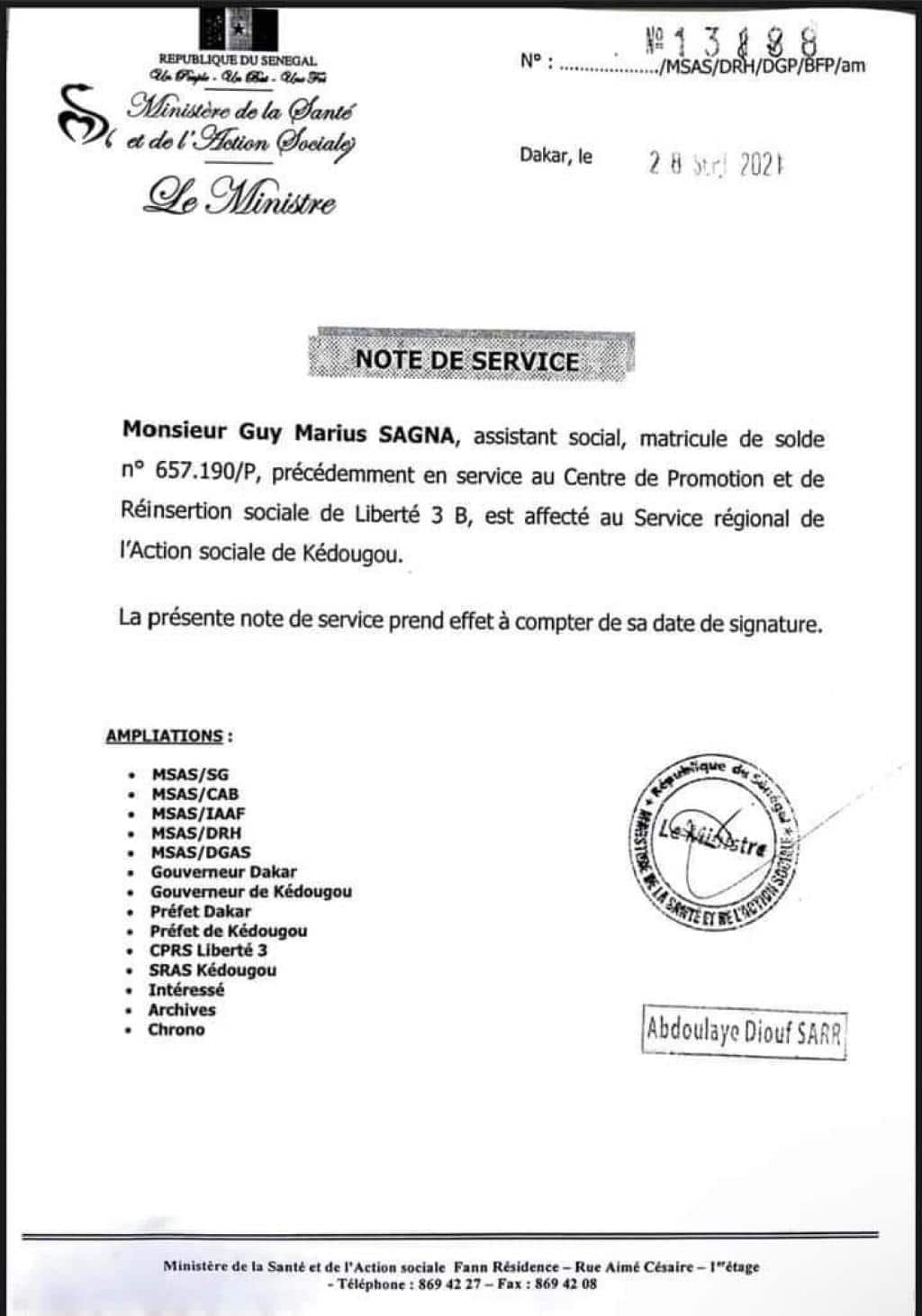 (Document) Affectation de Guy Marius : la note de service de Diouf Sarr qui scandalise Barth