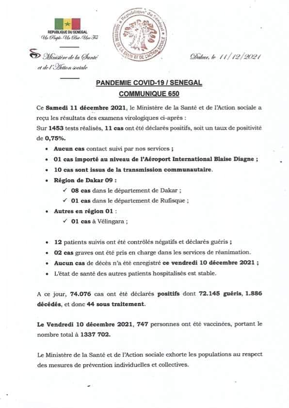 Covid-19 : Zéro décès, 11 nouveaux cas et 44 sous traitement, ce samedi