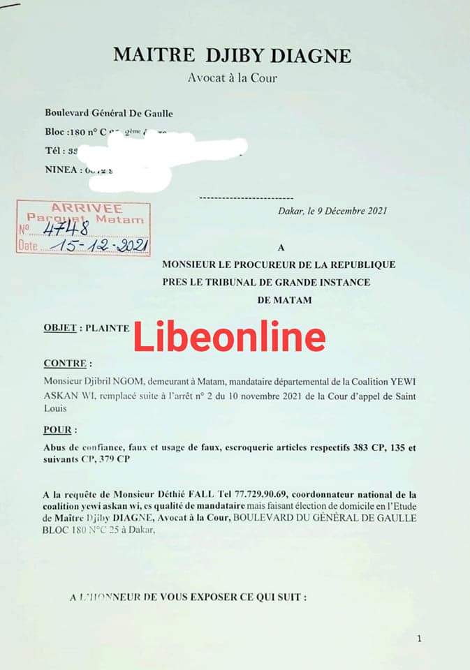 Document: Plainte devant le parquet de Matam: Sonko, Khalifa et cie traquent Djibril Ngom