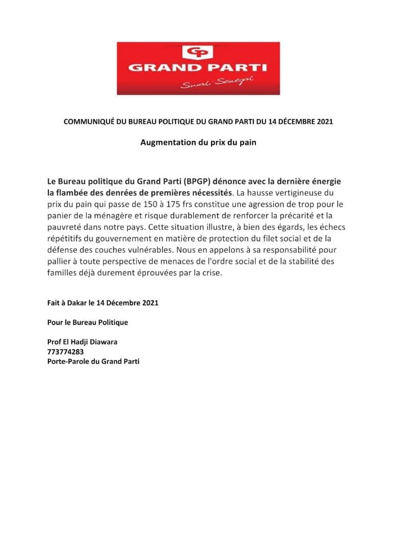 Prix du pain : Le Grand Parti s'insurge contre la hausse ! (Document)
