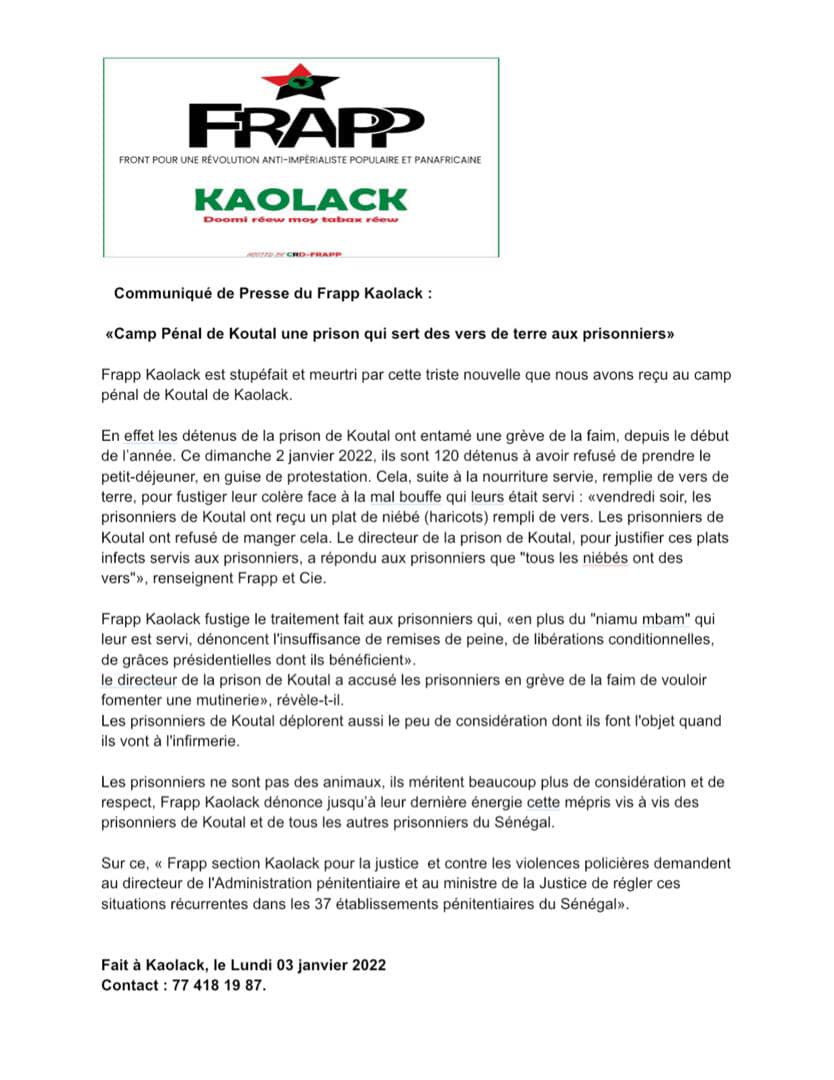 Affaire prison de Koutal : Le Frapp Kaolack dénonce le "niamu mbam" servi aux détenus