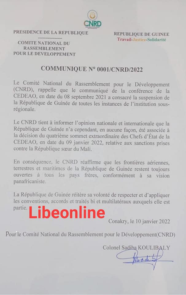 (Document) Sanction contre le Mali: Le Colonel Mamady Doumbouya prend position