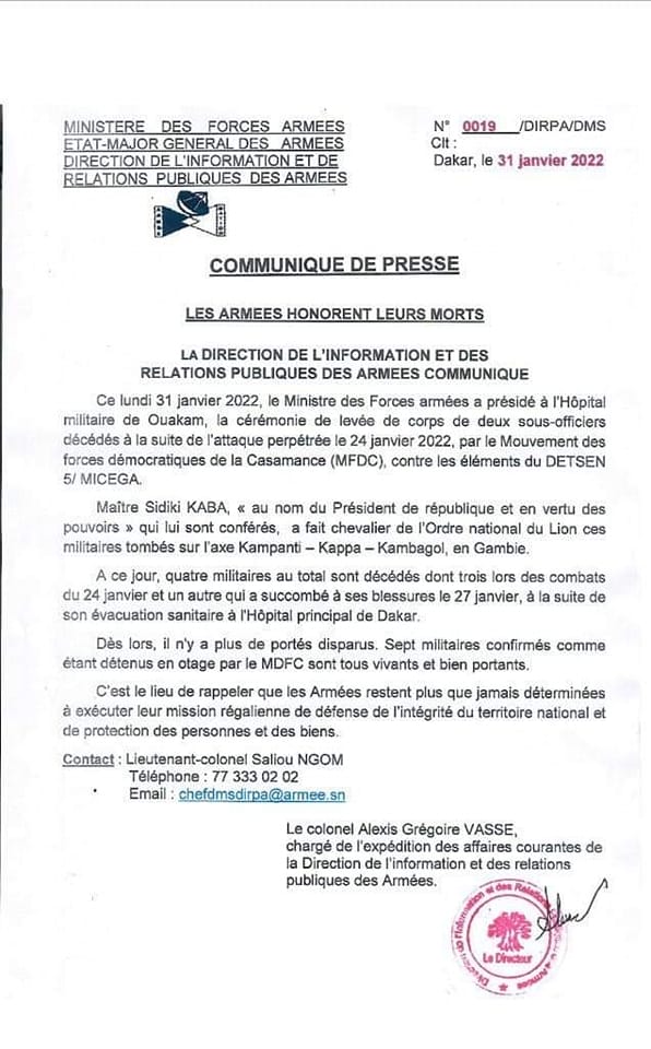 Militaires tués à la frontière Gambienne : Le bilan passe à 4 morts, 7 otages