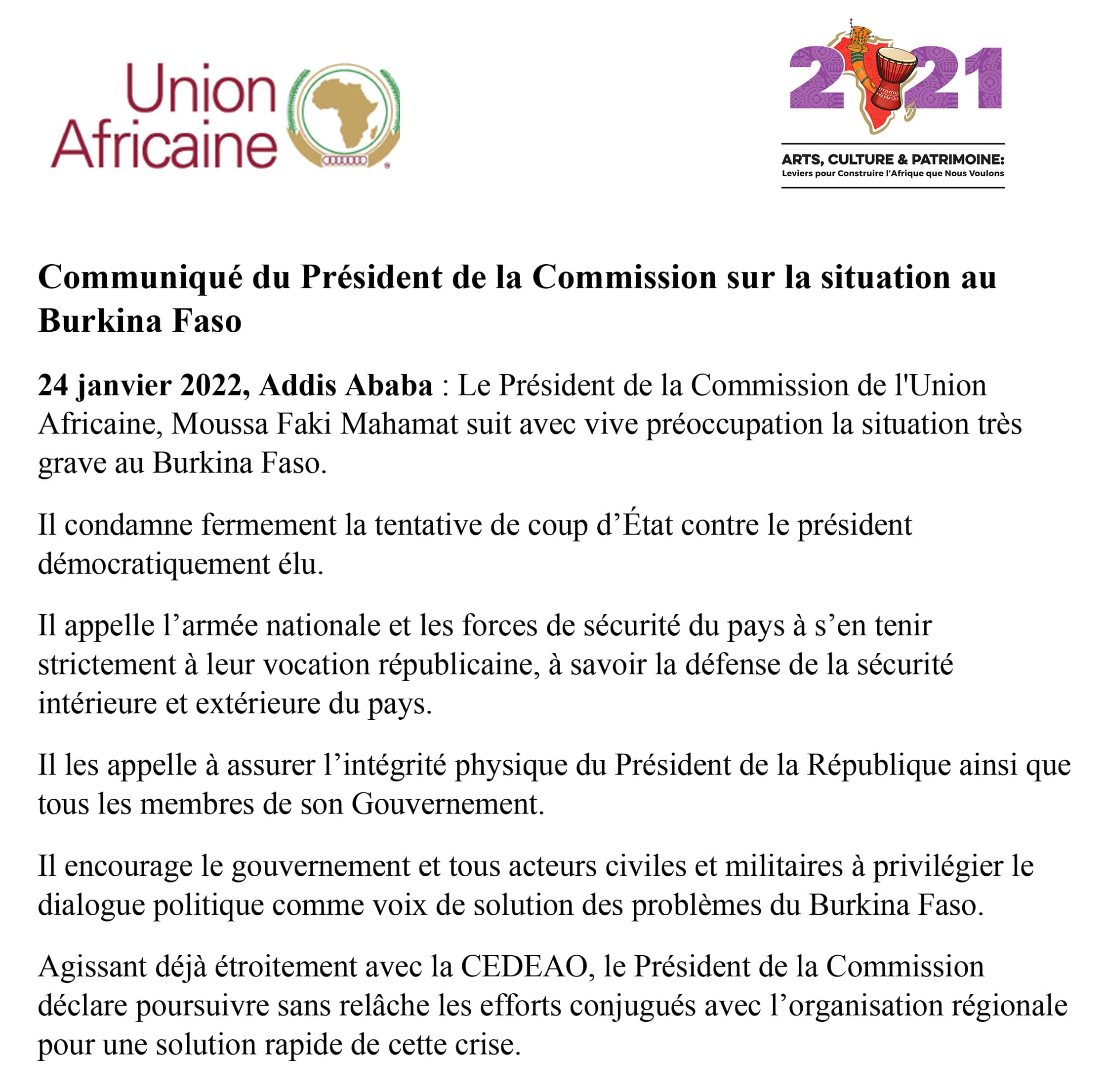 Burkina Faso : L'Union Africaine condamne la tentative de coup d'Etat contre le président Kaboré