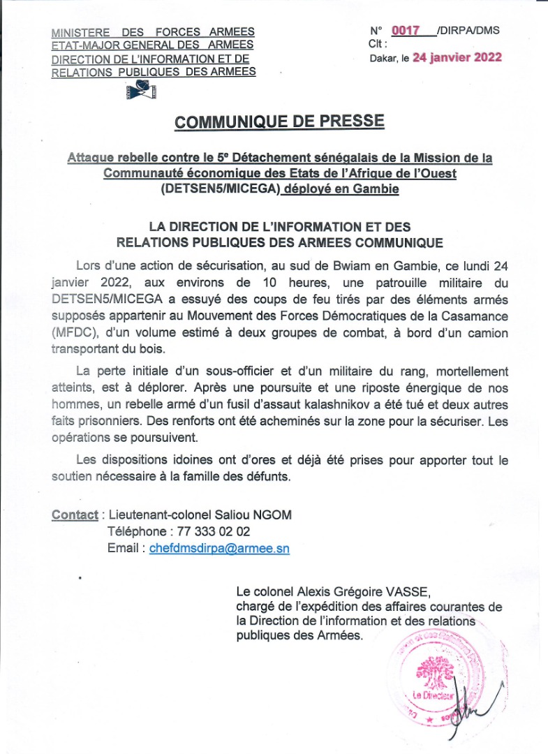 (Document) Echanges de tirs entre l’armée et éléments du Mfdc en Gambie : Deux militaires sénégalais et un rebelle tués