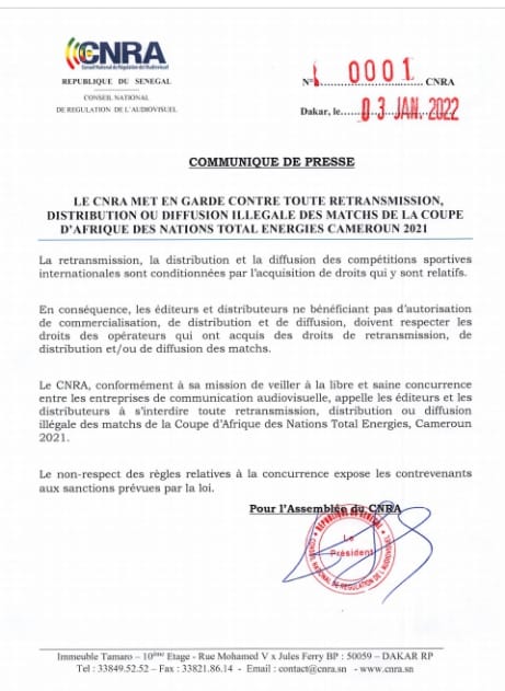 Retransmission illégale de la CAN 2021 : Les mises en garde du CNRA