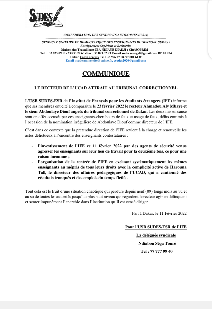 Nomination "irrégulière" du directeur de l'IFE : Le Recteur de l'Ucad attrait au tribunal correctionnel
