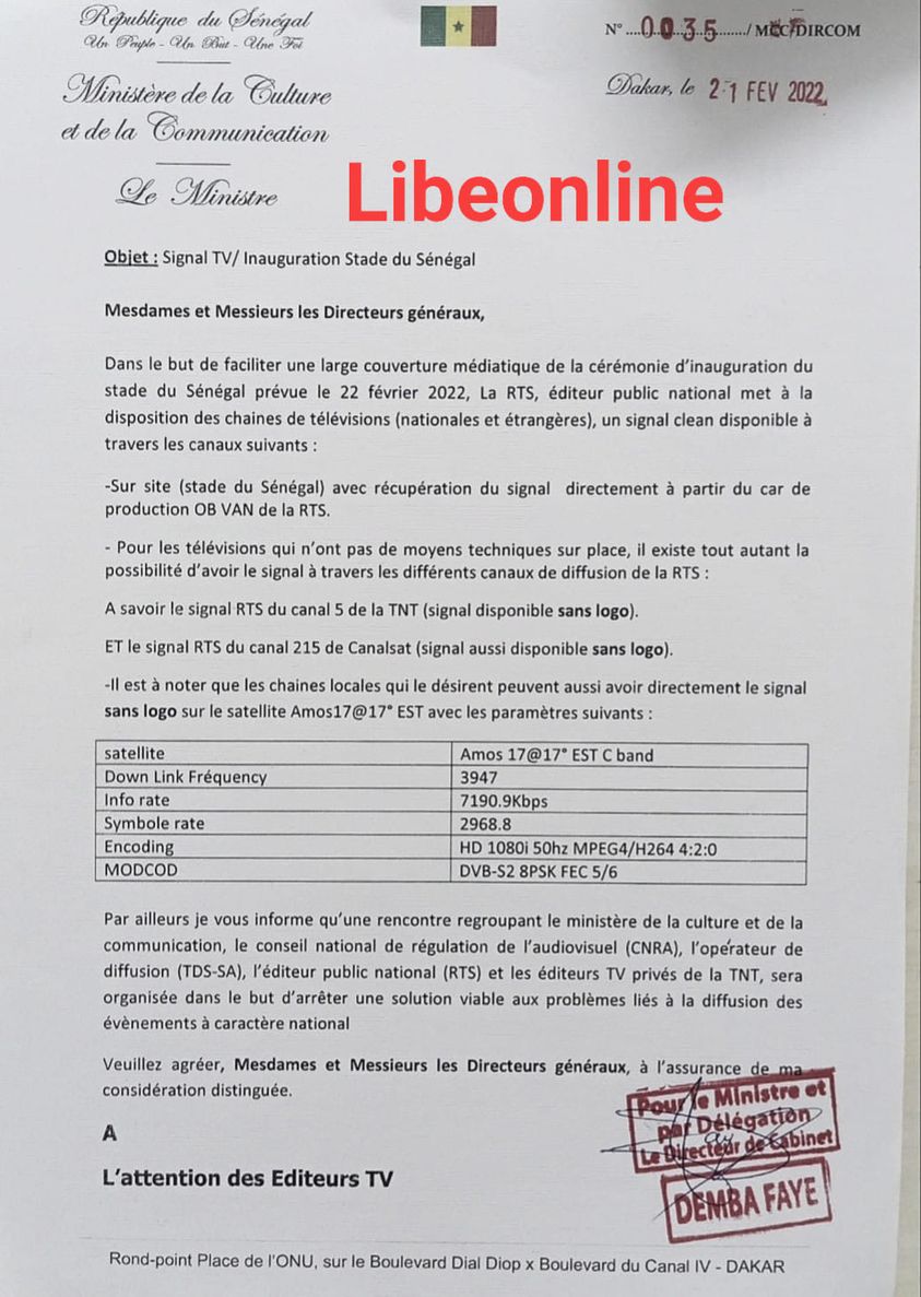 Inauguration stade Abdoulaye Wade : La RTS donne un signal sans logo aux télévisions privées