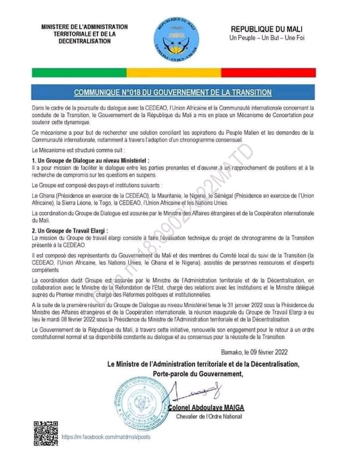 Sortie de crise : Le Mali met en place un mécanisme de concertation avec la Cedeao, l’UA et l’ONU