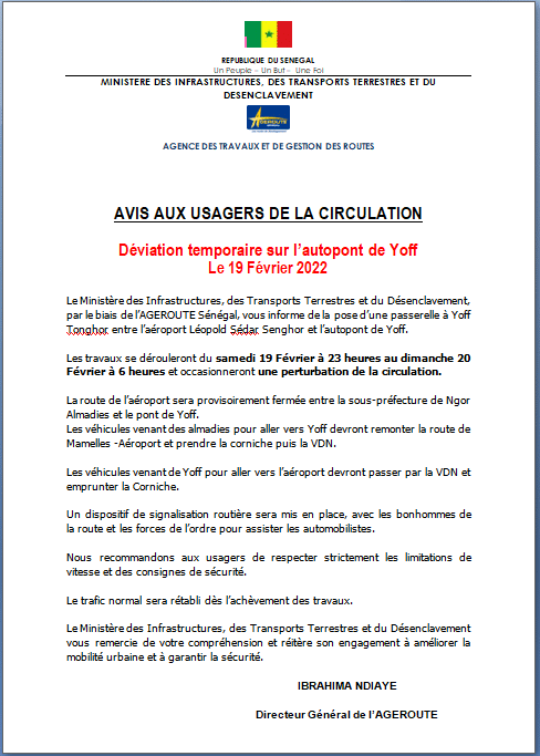 Yoff Tonghor : L’Agéroute annonce la pose d’une passerelle et la fermeture de la route de l’aéroport