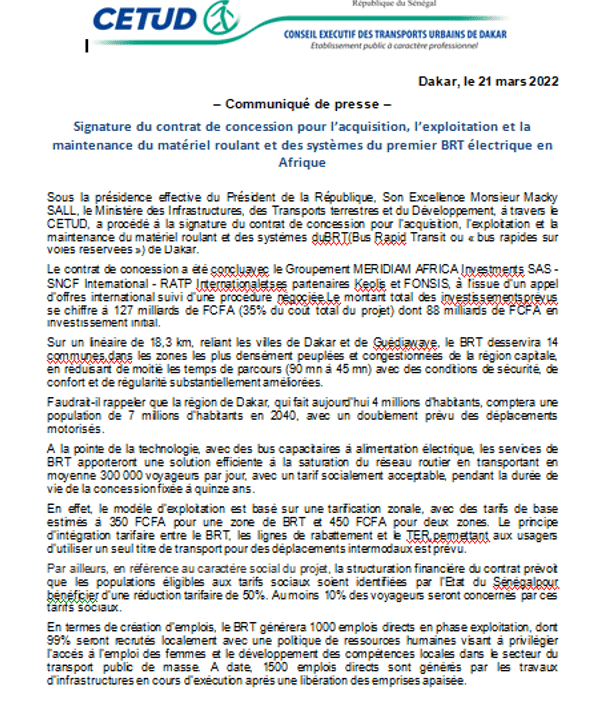 Ministère des Infrastructures : Signature ce lundi 21 mars du Contrat de Concession pour l’Acquisition de Matériels Roulants, l’Exploitation et la Maintenance du BRT de Dakar.