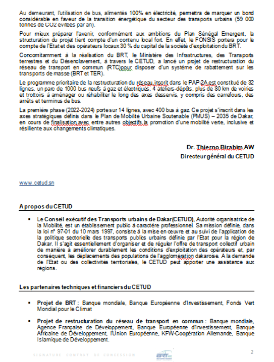 Ministère des Infrastructures : Signature ce lundi 21 mars du Contrat de Concession pour l’Acquisition de Matériels Roulants, l’Exploitation et la Maintenance du BRT de Dakar.