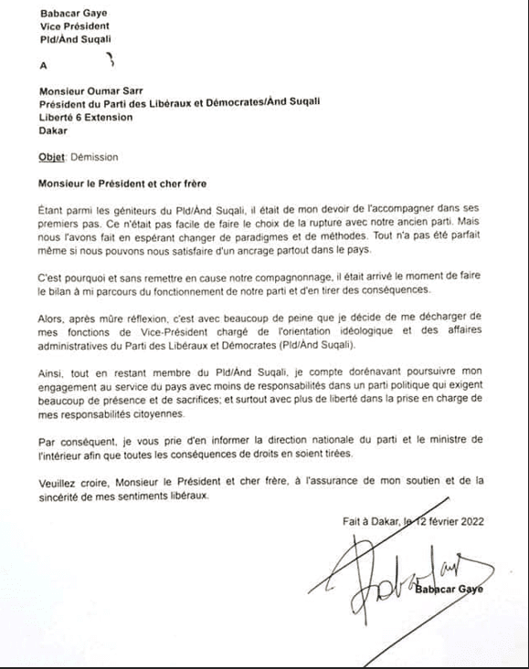 « Pld 'Ànd Suqali » : Babacar Gaye démissionne et se sépare d'Oumar Sarr (Document)