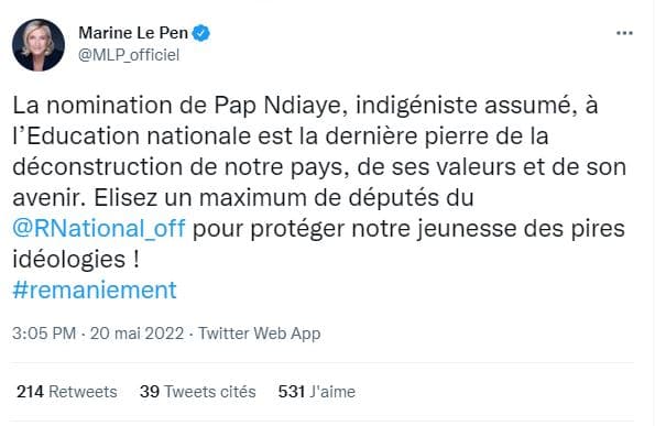 Voici les attaques racistes de Zemmour et Marine Le pen contre leur nouveau ministre de l'éducation de la France : Pap Ndiaye