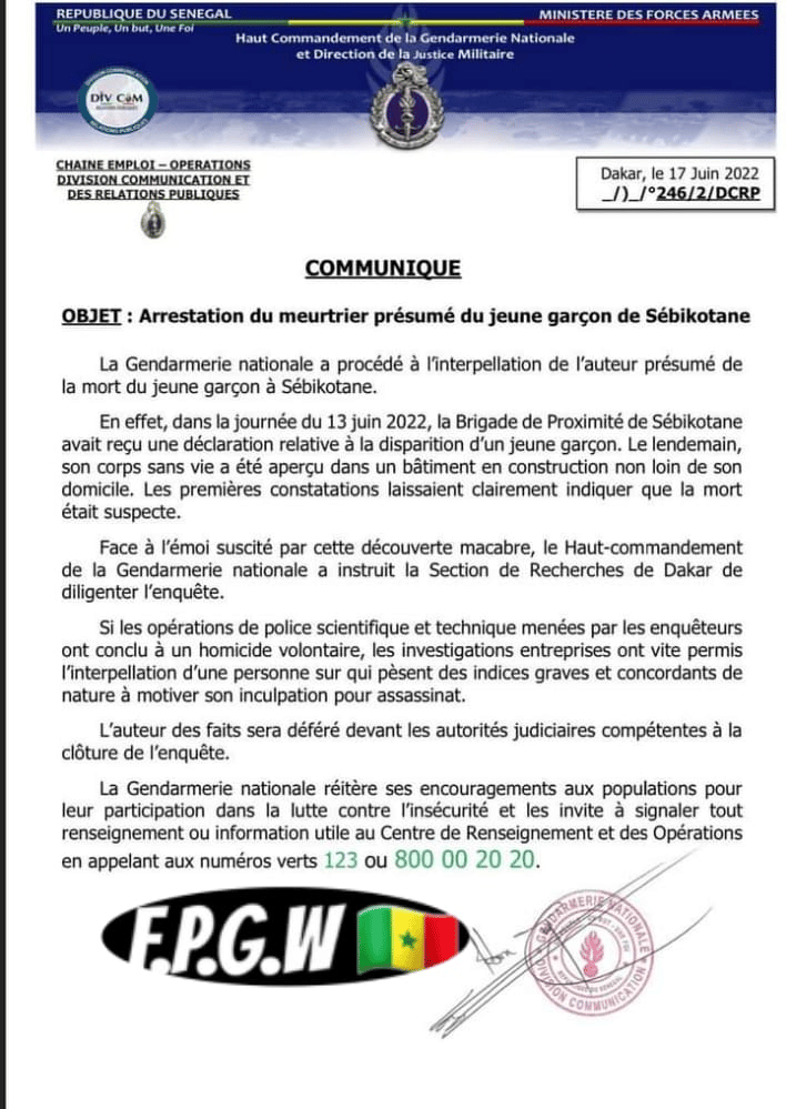 Garçon tµé à Sébikhotane : La Gendarmerie a procédé à l'arrestation du présumé m£urtrier