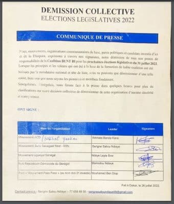 Législatives : Cinq (5) investis quittent la coalition Bunt-Bi