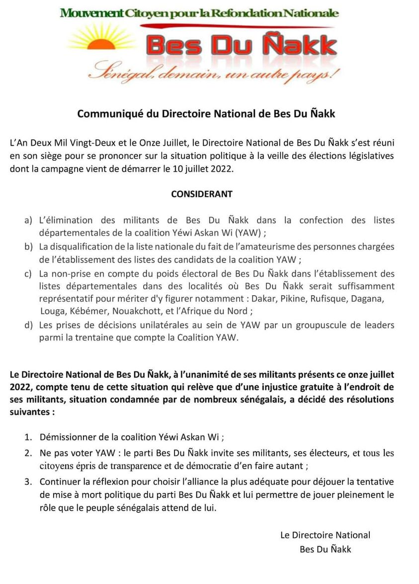 Serigne Mansour Sy Djamil quitte la coalition Yewwi Askan Wi