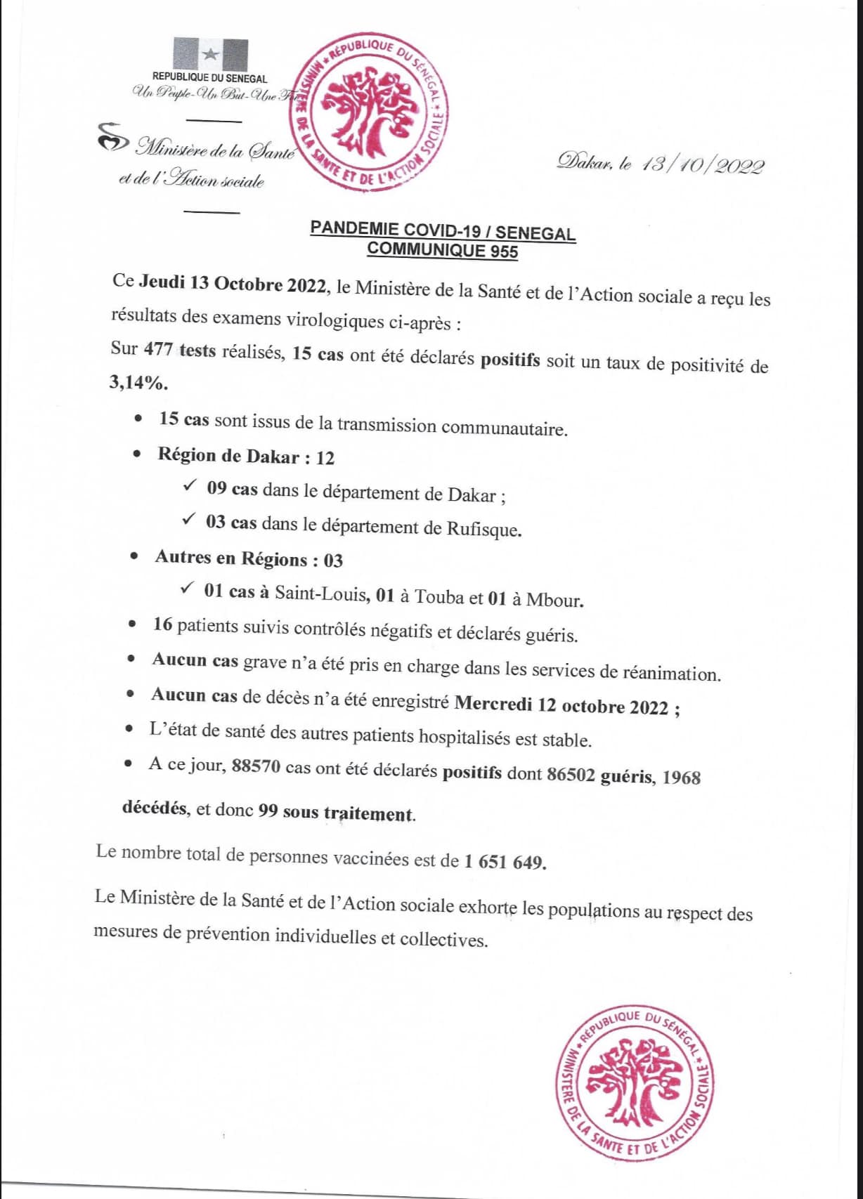 Covid-19 : 15 nouveaux cas communautaires