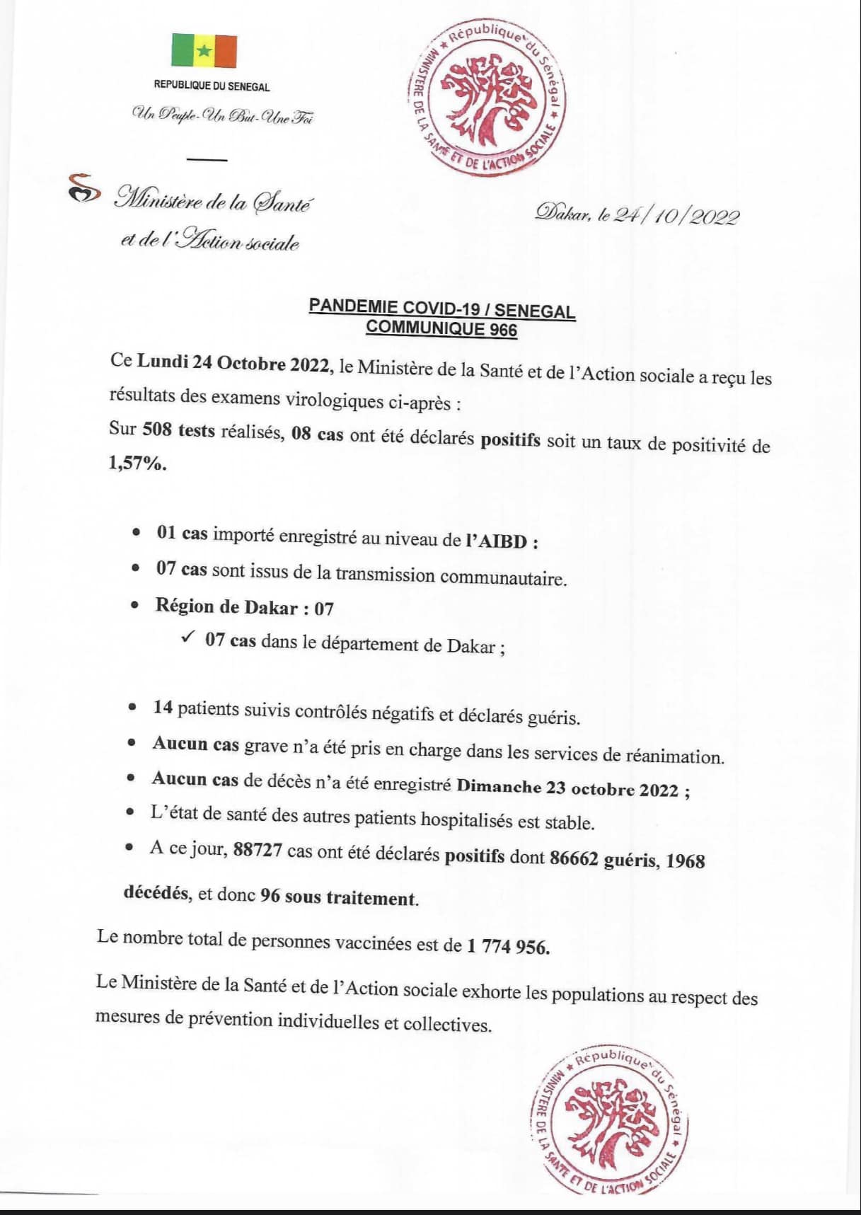 Covid-19 : 8 cas positifs dont 7 communautaire et 1 importé