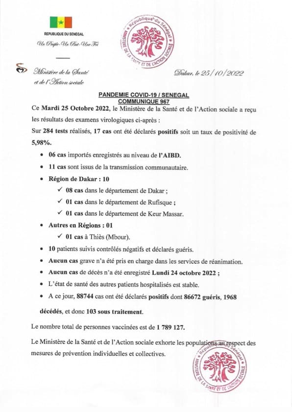 Covid-19 : 17 cas positifs dont 11 communautaires et 06 importés