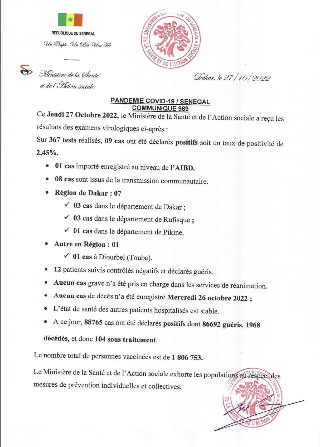 Covid-19 : 9 cas positifs dont 8 communautaires et 1 importé