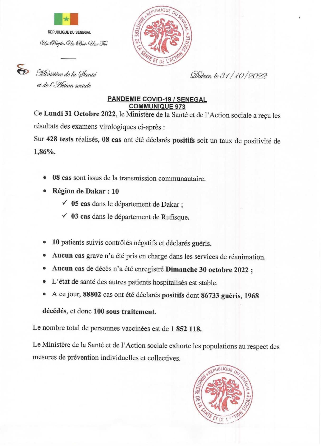 Covid-19 : 8 cas communautaires, 12 guéris et 100 sous traitement