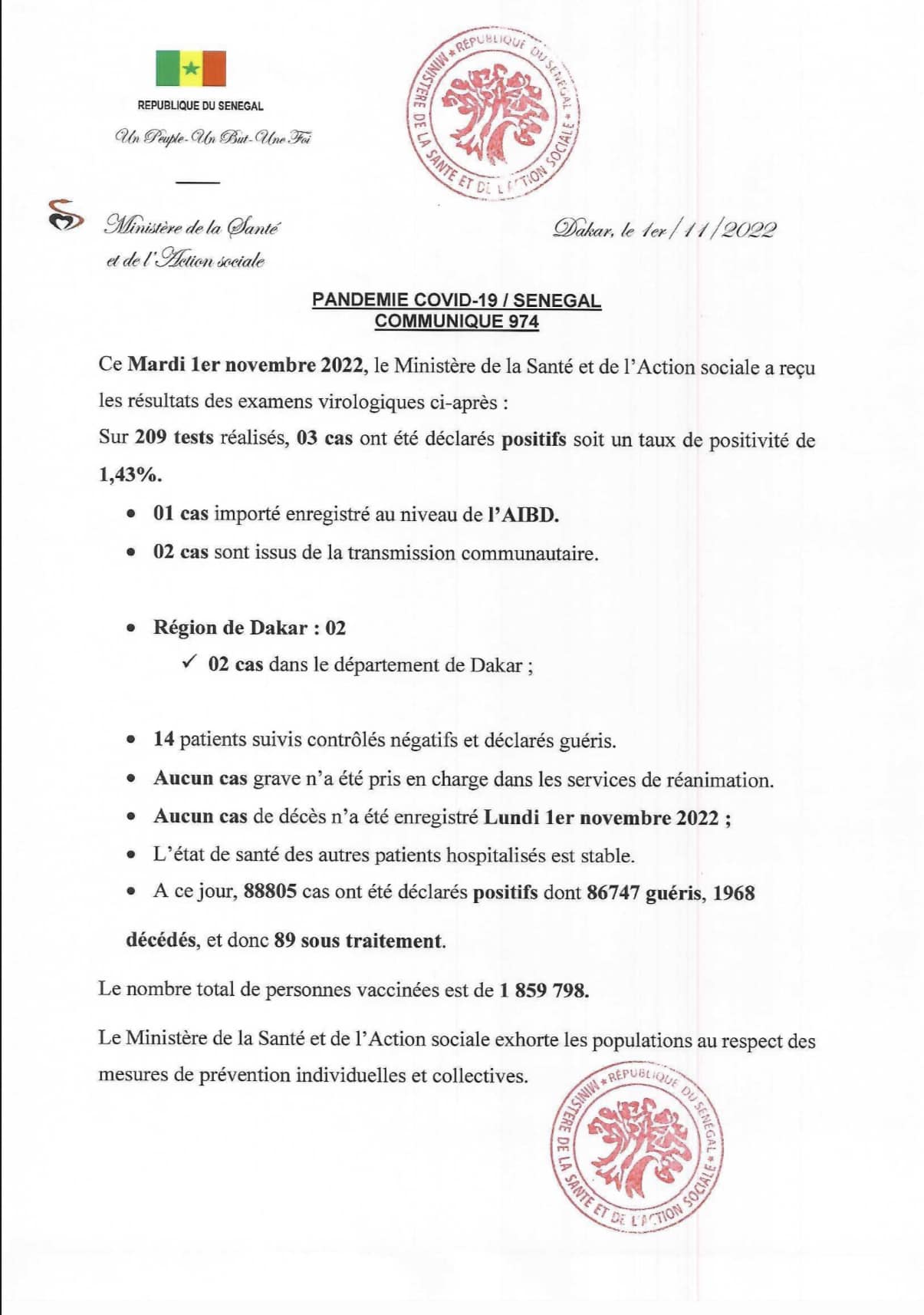 Covid-19 : 3 cas communautaires dont 1 importé et 89 sous traitement