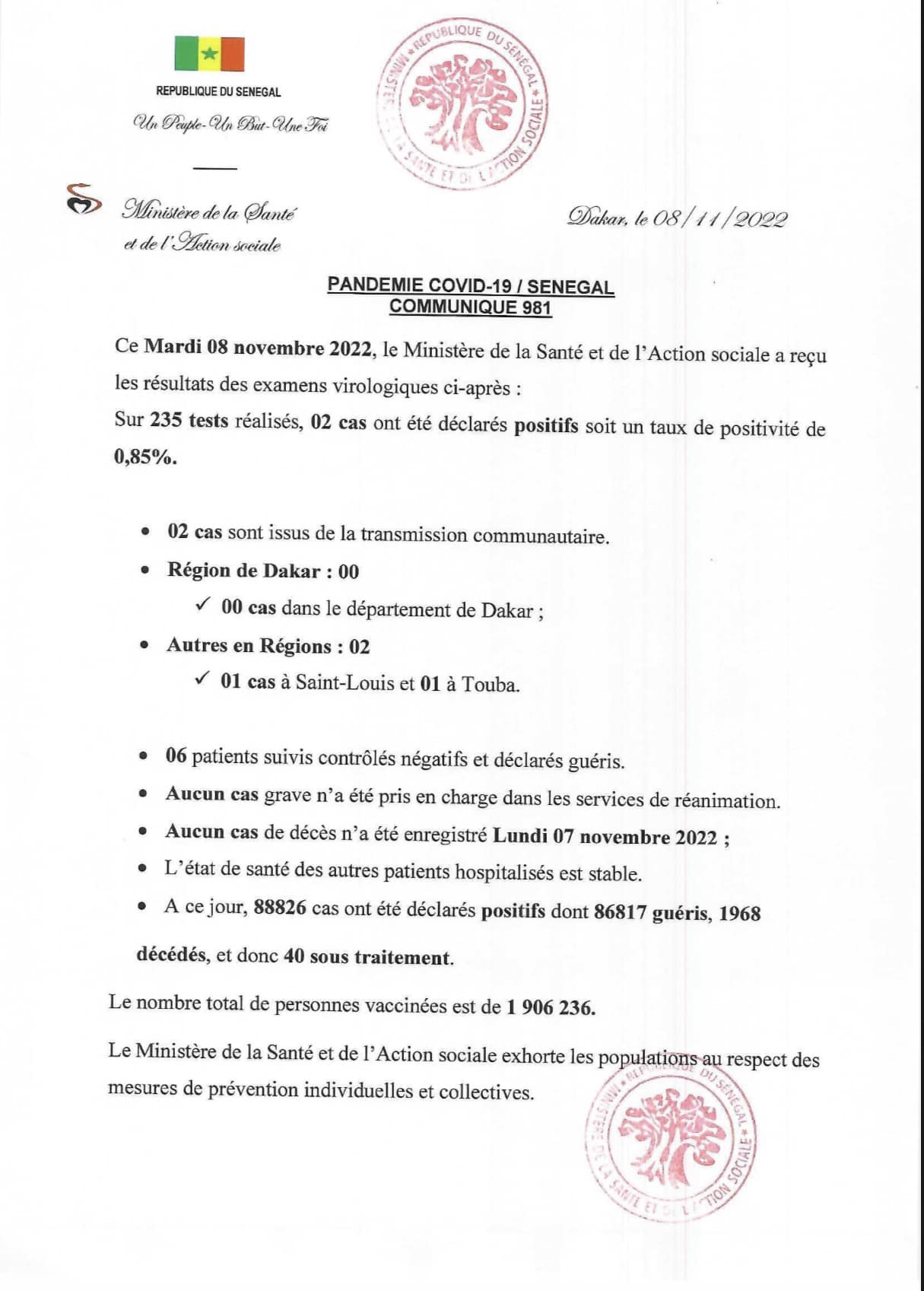 Covid-19 : 2 cas communautaires et 40 sous traitement