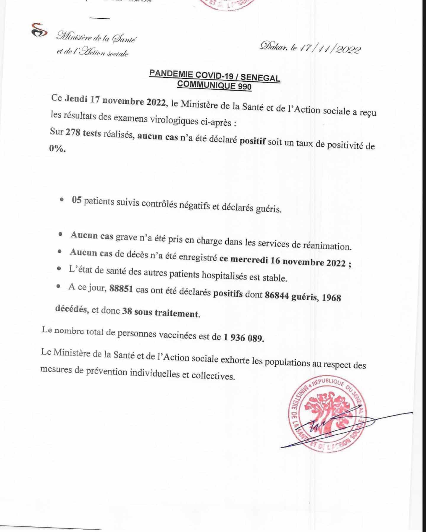 Covid-19 : Aucun nouveau cas positif, 38 sous traitement