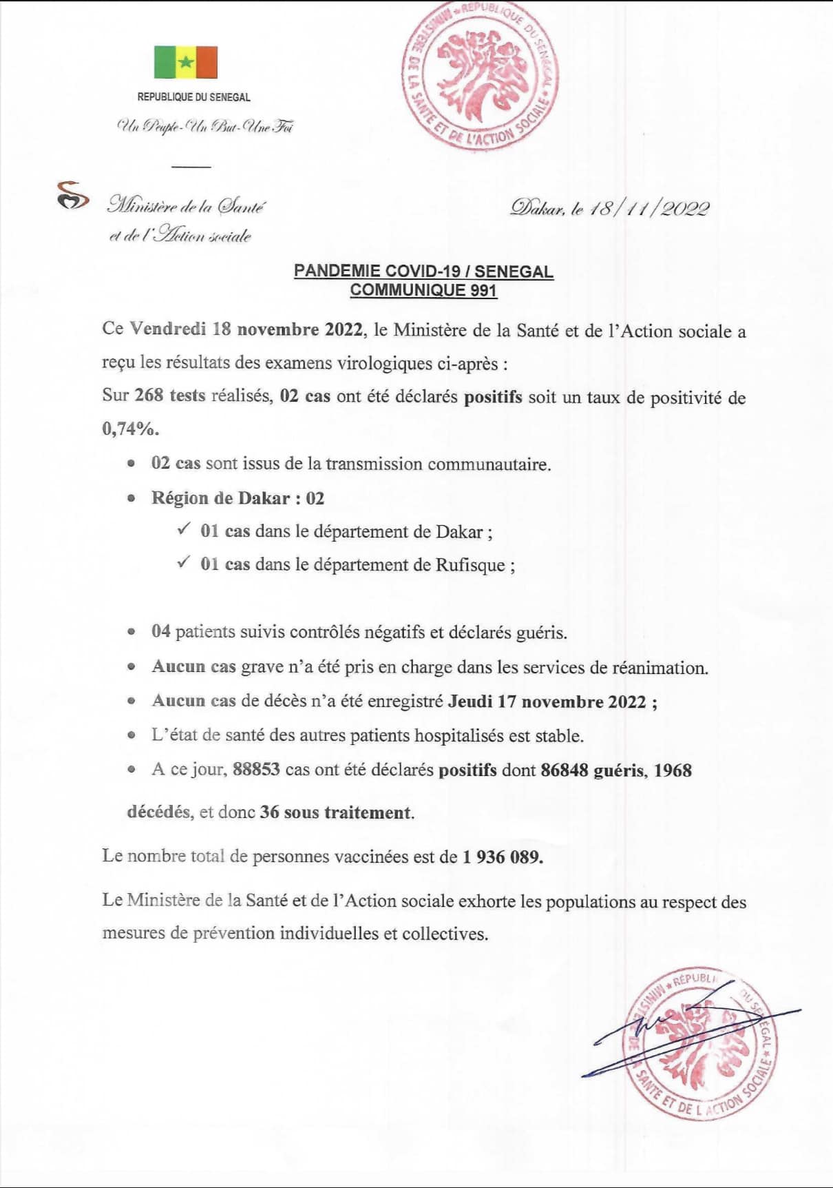 Covid-19 : 02 cas communautaires et 36 sous traitement