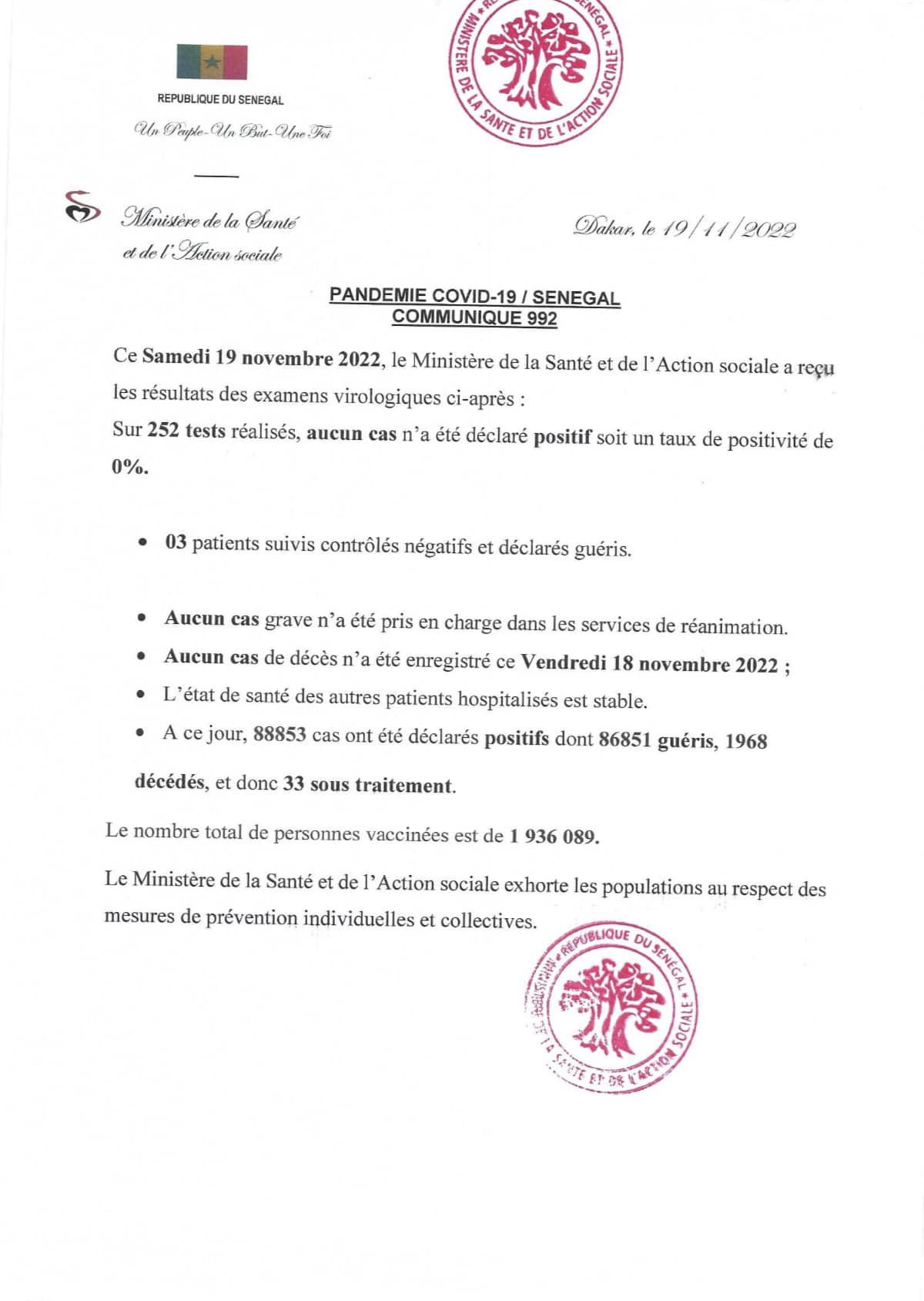 Covid-19 : Aucun cas positif, 03 guéris et 33 sous traitement