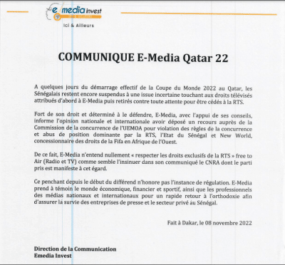 Droits Tv du Mondial : E-Media obtient gain de cause auprès de l’UEMOA