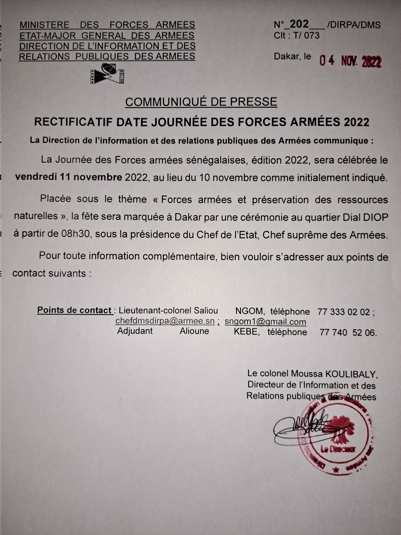 Journée des Forces Armées : La date de célébration légèrement repoussée