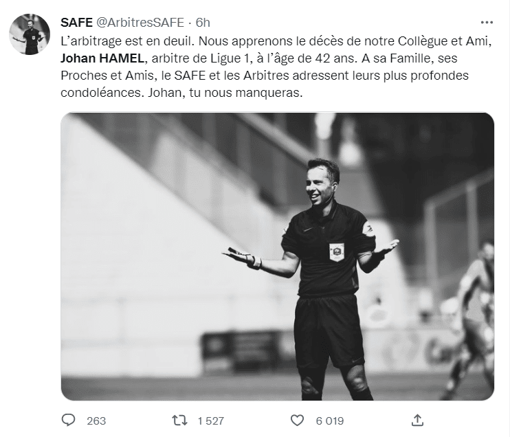 Nécrologie : Mort subite de l'arbitre français Johan Hamel